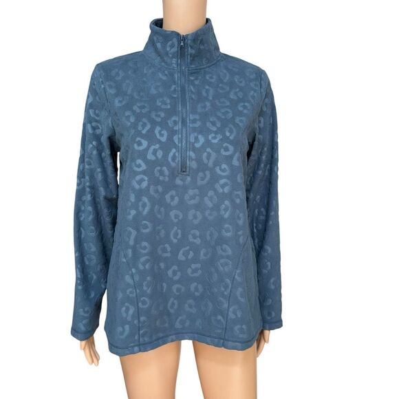 Comfort Code Leopard-Embossed Fleece Quarter Zip Pullover teal blue XS NWT - Picture 2 of 9